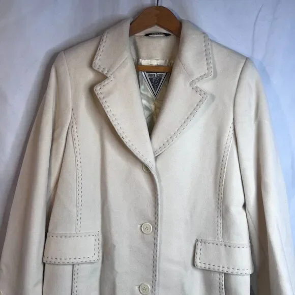 Marvin Richards Ivory 100% Pure Wool Trench Coat Topstitched Classic Maxi Size 6 - Picture 3 of 13